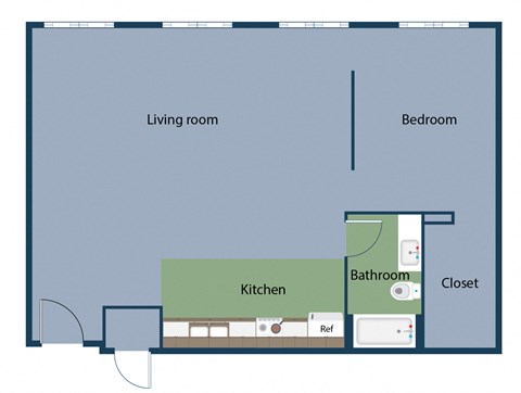 Floor plan for 1 bed, 1 bath, 956 sqft